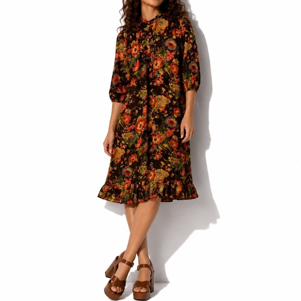 70s Vintage Floral Print Shift Dress Women S Brown Orange Boho Ruffle Hem PBJ